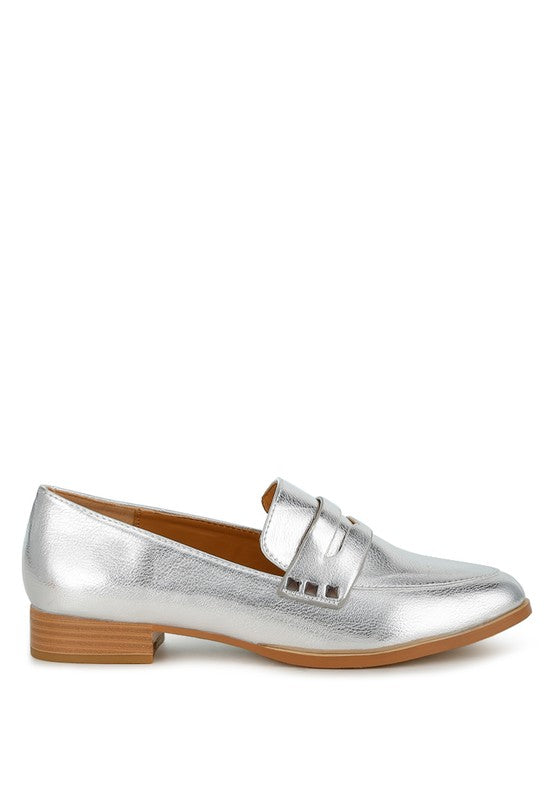 Rag Company metallic penny loafers for women in silver with low wooden heel and classic design