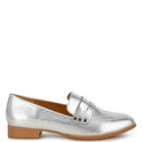 Rag Company metallic penny loafers for women in silver with low wooden heel and classic design