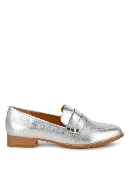 Rag Company metallic penny loafers for women in silver with low wooden heel and classic design