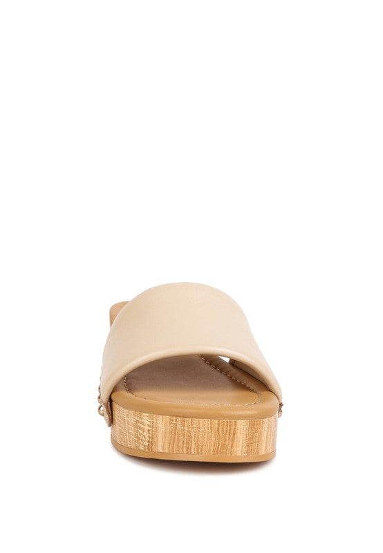 Rag Company beige clog wooden sandals with smooth leather upper and wooden platform sole
