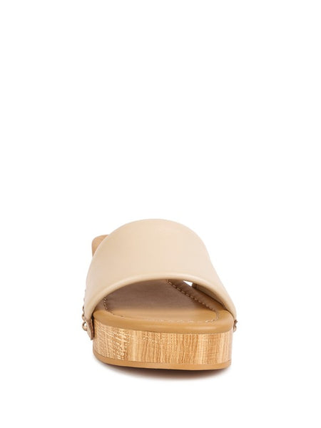 Rag Company beige clog wooden sandals with smooth leather upper and wooden platform sole