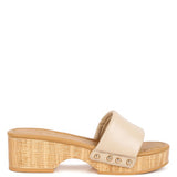 Rag Company beige clog wooden sandals with studded straps and textured wooden platform heel