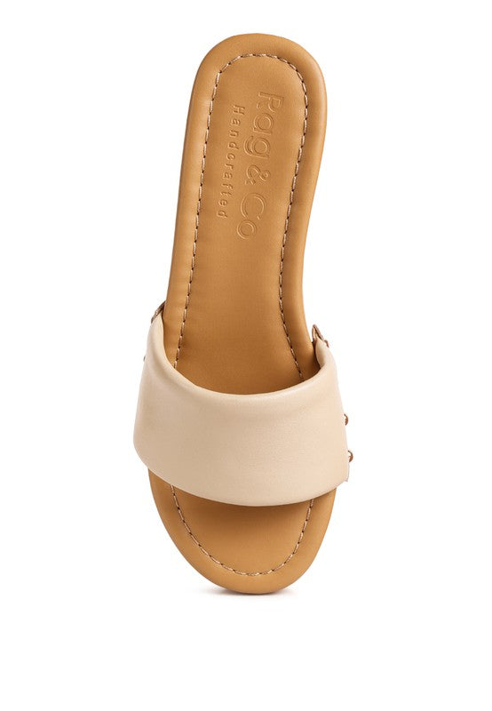 Rag Company beige clog wooden sandals with wide strap and stitched sole design