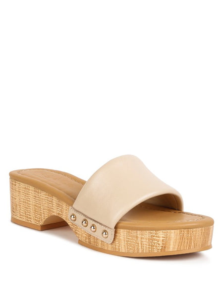 Rag Company beige clog wooden sandals with open toe and studded detail on platform heel