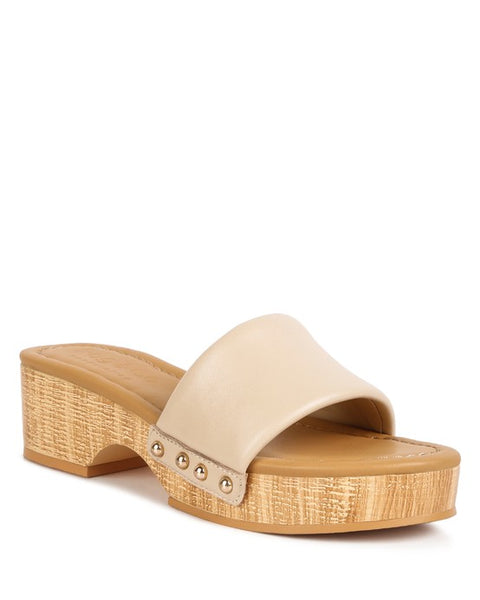 Rag Company beige clog wooden sandals with open toe and studded detail on platform heel