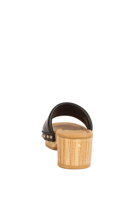 Rag Company clog wooden sandals with black leather upper and wooden block heel