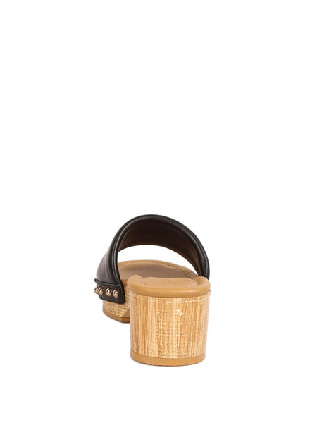 Rag Company clog wooden sandals with black leather upper and wooden block heel