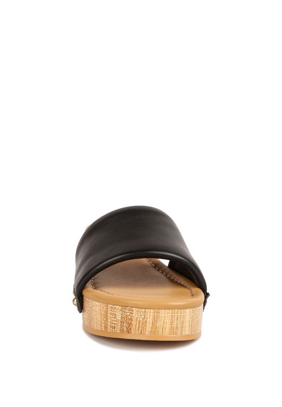 Rag Company clog wooden sandals with black leather upper and natural wood sole front view
