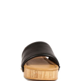 Rag Company clog wooden sandals with black leather upper and natural wood sole front view