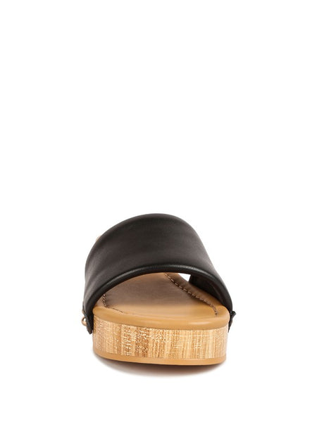 Rag Company clog wooden sandals with black leather upper and natural wood sole front view