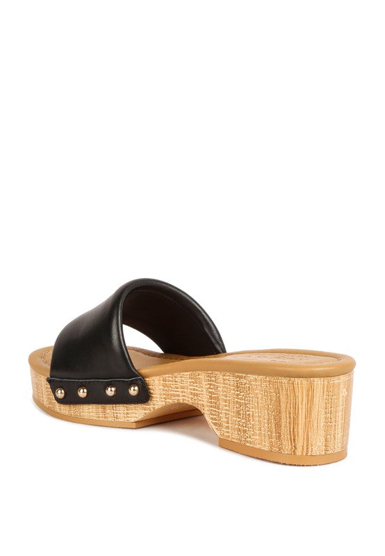 Rag Company clog wooden sandals with black leather strap and natural wood block heel
