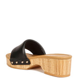 Rag Company clog wooden sandals with black leather strap and natural wood block heel