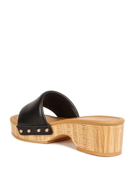 Rag Company clog wooden sandals with black leather strap and natural wood block heel
