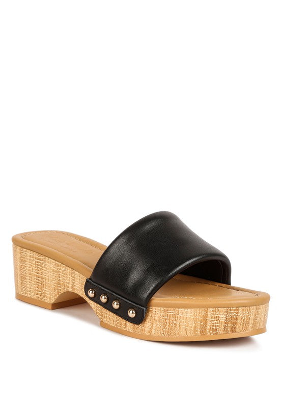 Rag Company clog wooden sandals with black leather upper and light wood platform heel