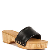 Rag Company clog wooden sandals with black leather upper and light wood platform heel