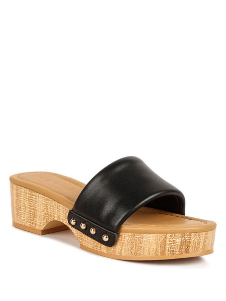 Rag Company clog wooden sandals with black leather upper and light wood platform heel