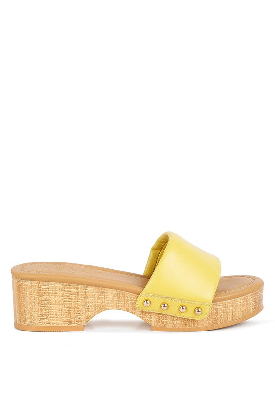 Rag Company yellow clog wooden sandals with wooden sole and studded leather upper