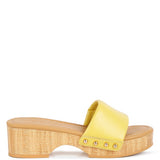 Rag Company yellow clog wooden sandals with wooden sole and studded leather upper