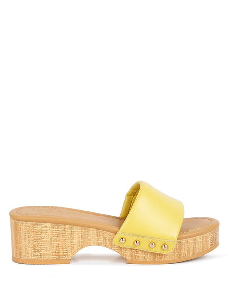 Rag Company yellow clog wooden sandals with wooden sole and studded leather upper