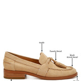 Rag Company genuine leather summer loafers in tan suede with tassels and low block heel