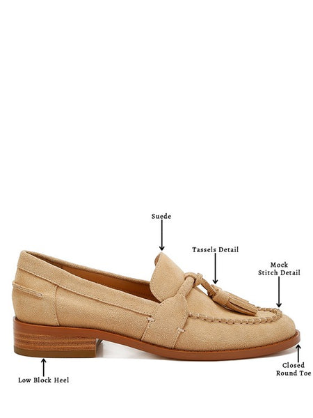 Rag Company genuine leather summer loafers in tan suede with tassels and low block heel