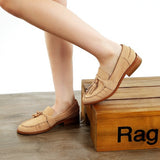 Rag Company genuine leather summer loafers in tan color worn on model standing on wooden box