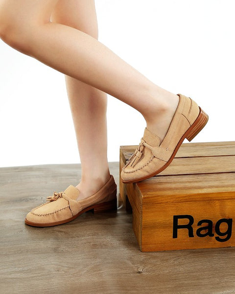 Rag Company genuine leather summer loafers in tan color worn on model standing on wooden box