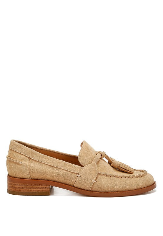 Rag Company beige genuine leather summer loafers with tassels and wooden heel
