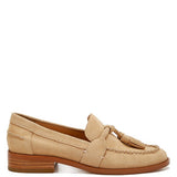 Rag Company beige genuine leather summer loafers with tassels and wooden heel