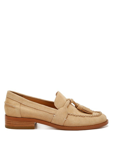 Rag Company beige genuine leather summer loafers with tassels and wooden heel
