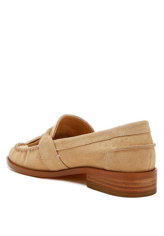 Rag Company beige genuine leather summer loafers with wooden heel and classic stitching