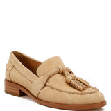 Rag Company beige genuine leather summer loafers with tassel detail and low wooden heel