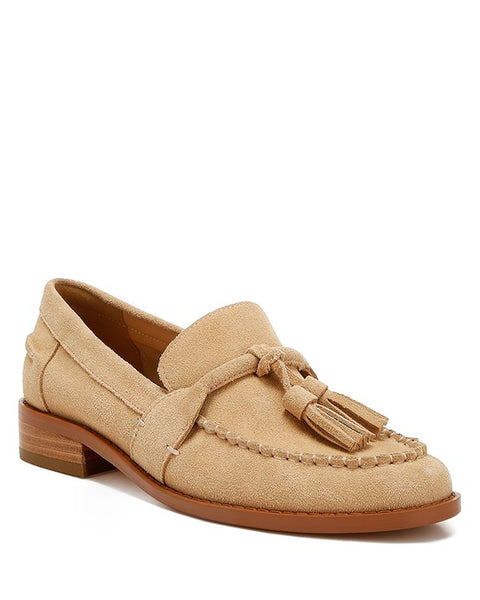 Rag Company beige genuine leather summer loafers with tassel detail and low wooden heel