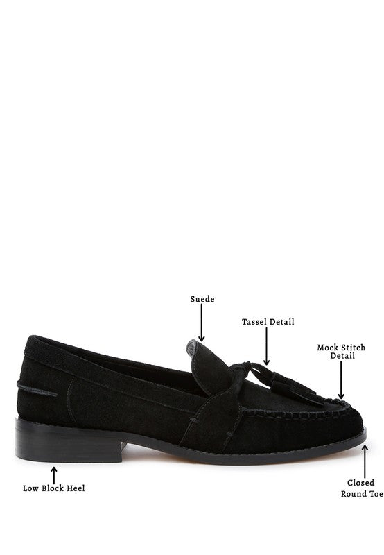Rag Company genuine leather summer loafers in black with tassel and mock stitch details