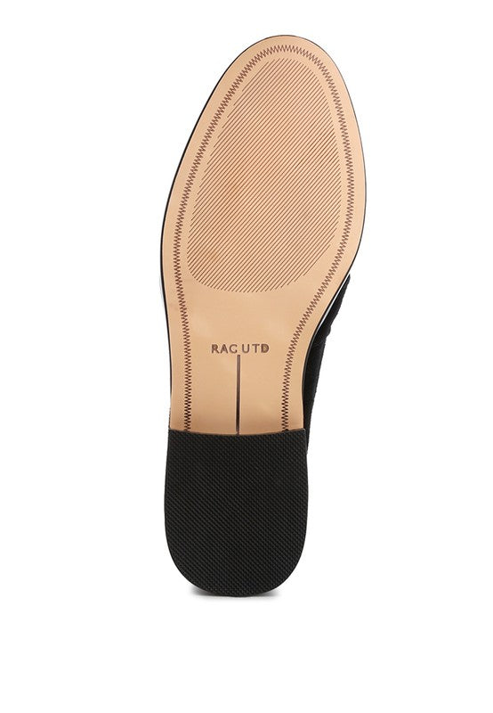 Sole view of Rag Company genuine leather summer loafers with detailed stitching and black heel