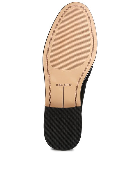 Sole view of Rag Company genuine leather summer loafers with detailed stitching and black heel