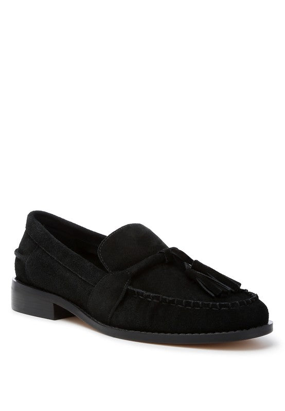 Rag Company black genuine leather summer loafers with tassel detail and low heel