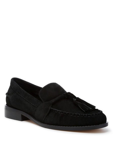 Rag Company black genuine leather summer loafers with tassel detail and low heel