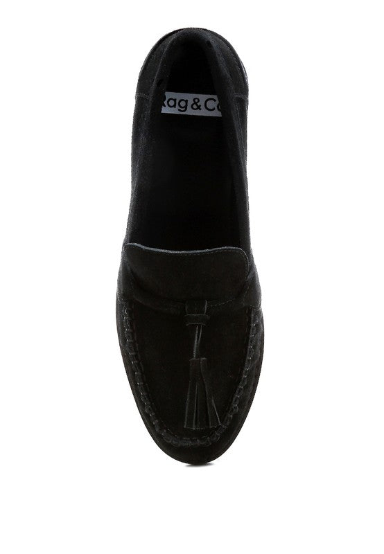 Rag Company black genuine leather summer loafers with tassel detail and stitched design