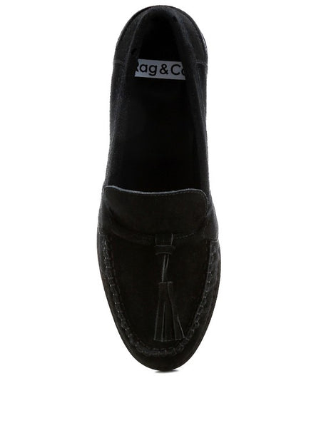 Rag Company black genuine leather summer loafers with tassel detail and stitched design