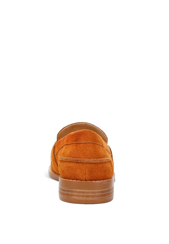Rag Company genuine leather summer loafers in orange suede shown from the back