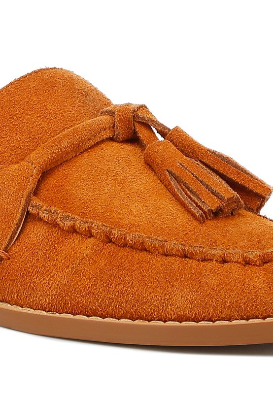 Rag Company genuine leather summer loafers in tan suede with tassel detail and stitched accents