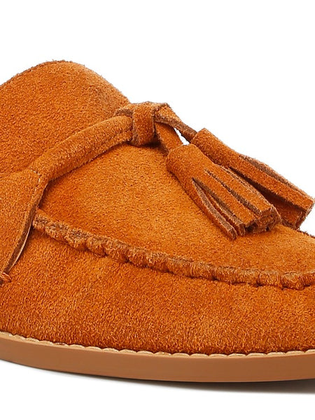 Rag Company genuine leather summer loafers in tan suede with tassel detail and stitched accents