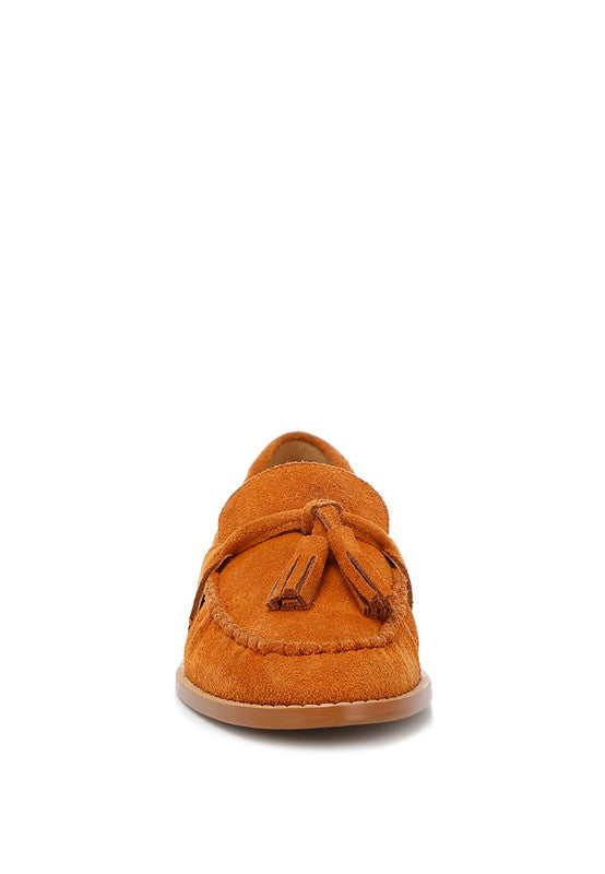 Rag Company genuine leather summer loafers in tan suede with tassel detail front view