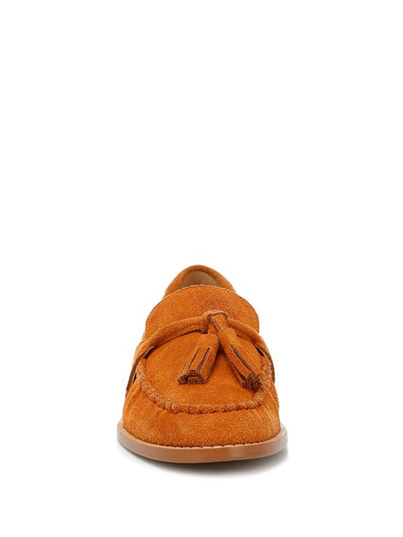 Rag Company genuine leather summer loafers in tan suede with tassel detail front view