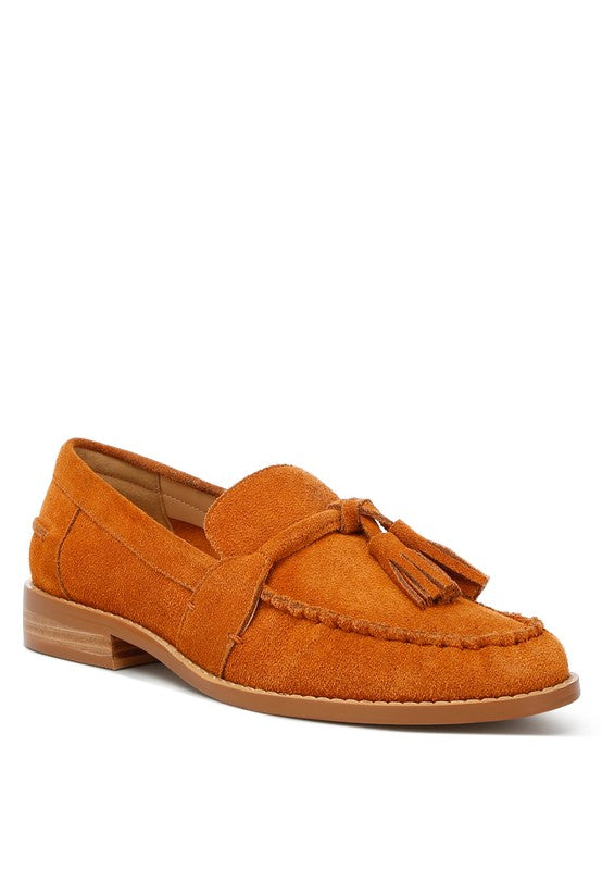 Rag Company genuine leather summer loafers in tan suede with tassel detail and low heel
