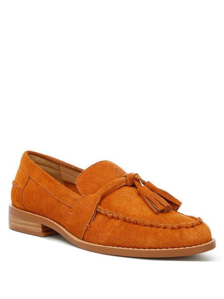 Rag Company genuine leather summer loafers in tan suede with tassel detail and low heel