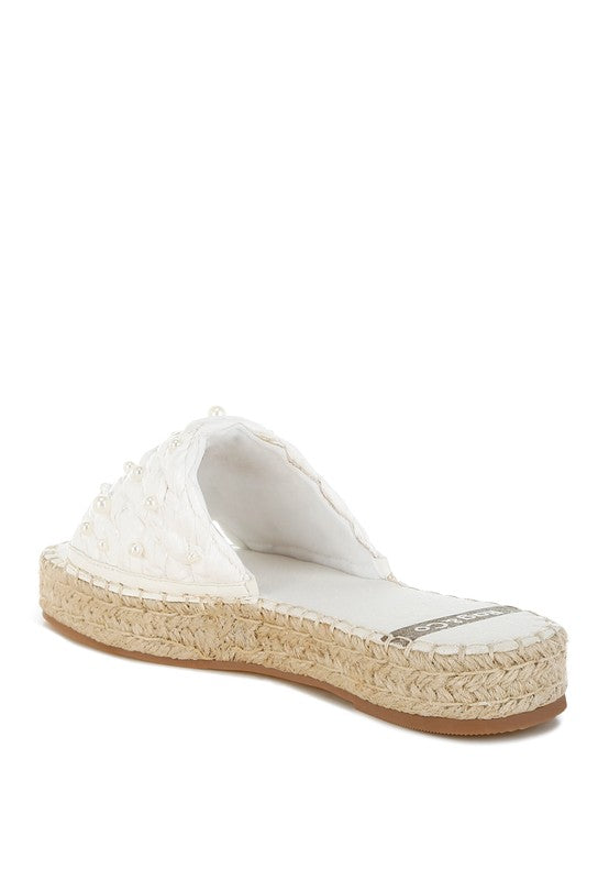 Babe Beachwear women's pearl embellished flats in white with braided espadrille sole