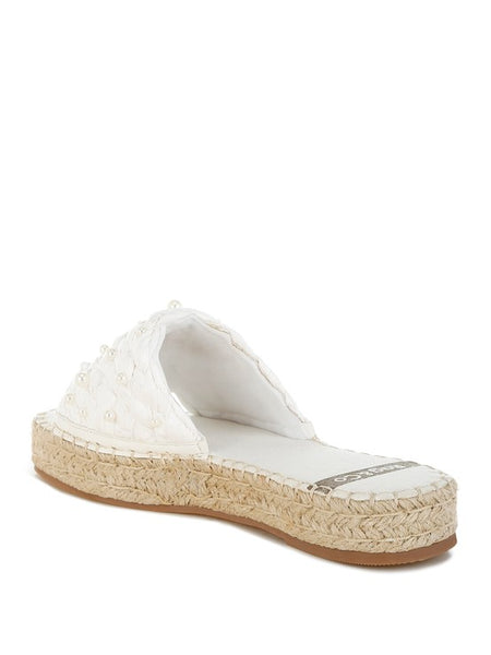 Babe Beachwear women's pearl embellished flats in white with braided espadrille sole