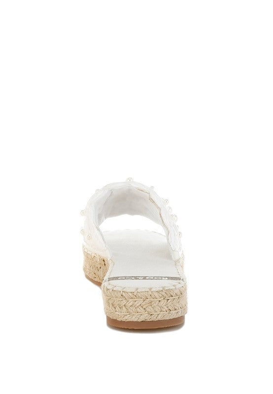 Babe Beachwear women's pearl embellished flats with white straps and woven espadrille sole